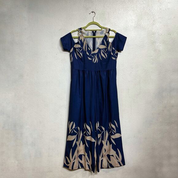 Made With Love Navy Floral Cold Shoulder Wide Leg Jumpsuit Sz M NWT - Picture 2 of 14